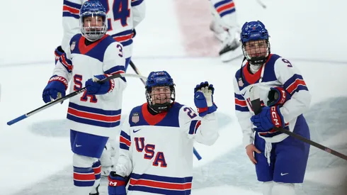 Cayla Barnes, Kendall Coyne and Kirsten Simms of Team United States at the 2026 Winter Olympic games.