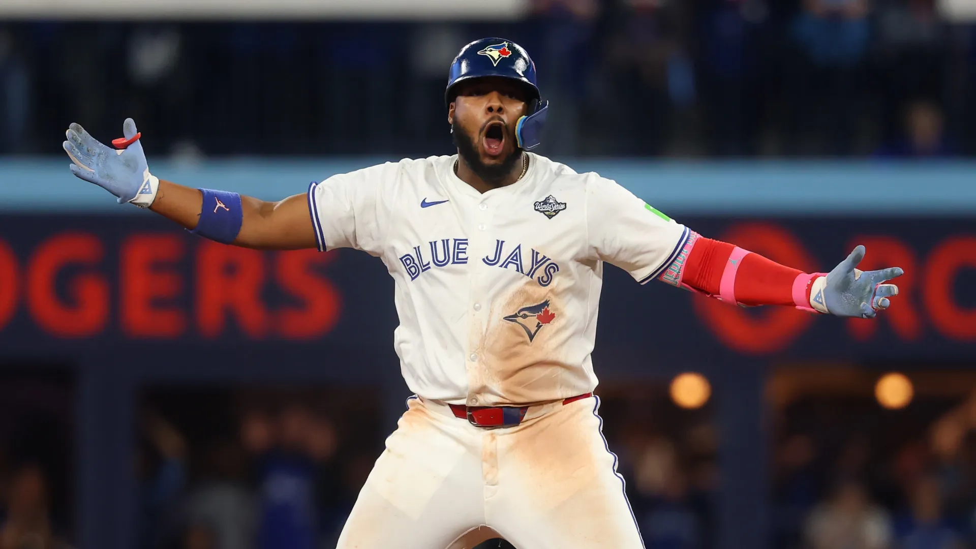 Vladimir Guerrero Jr. #27 of the Blue Jays reacts after hitting a double. Gregory Shamus/Getty Images