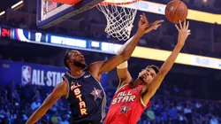 Evan Mobley and Victor Wembanyama during the 74th NBA All-Star Game in 2025.