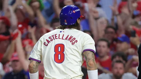 Nick Castellanos #8 of the Philadelphia Phillies on October 06, 2024 in Philadelphia.