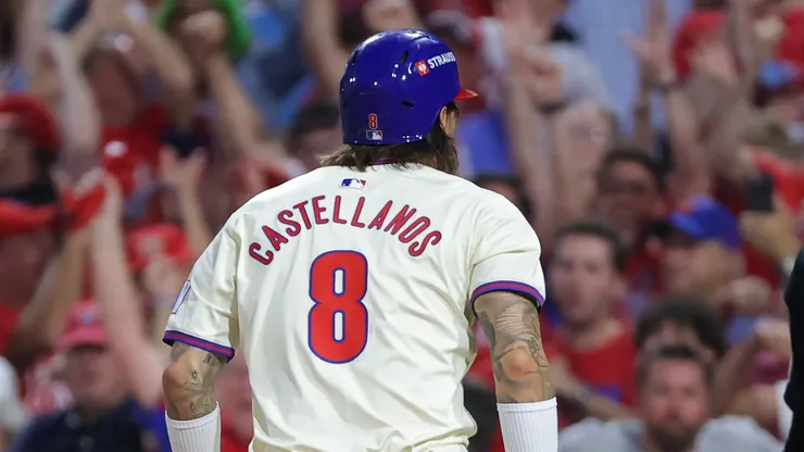 Nick Castellanos #8 of the Philadelphia Phillies on October 06, 2024 in Philadelphia.