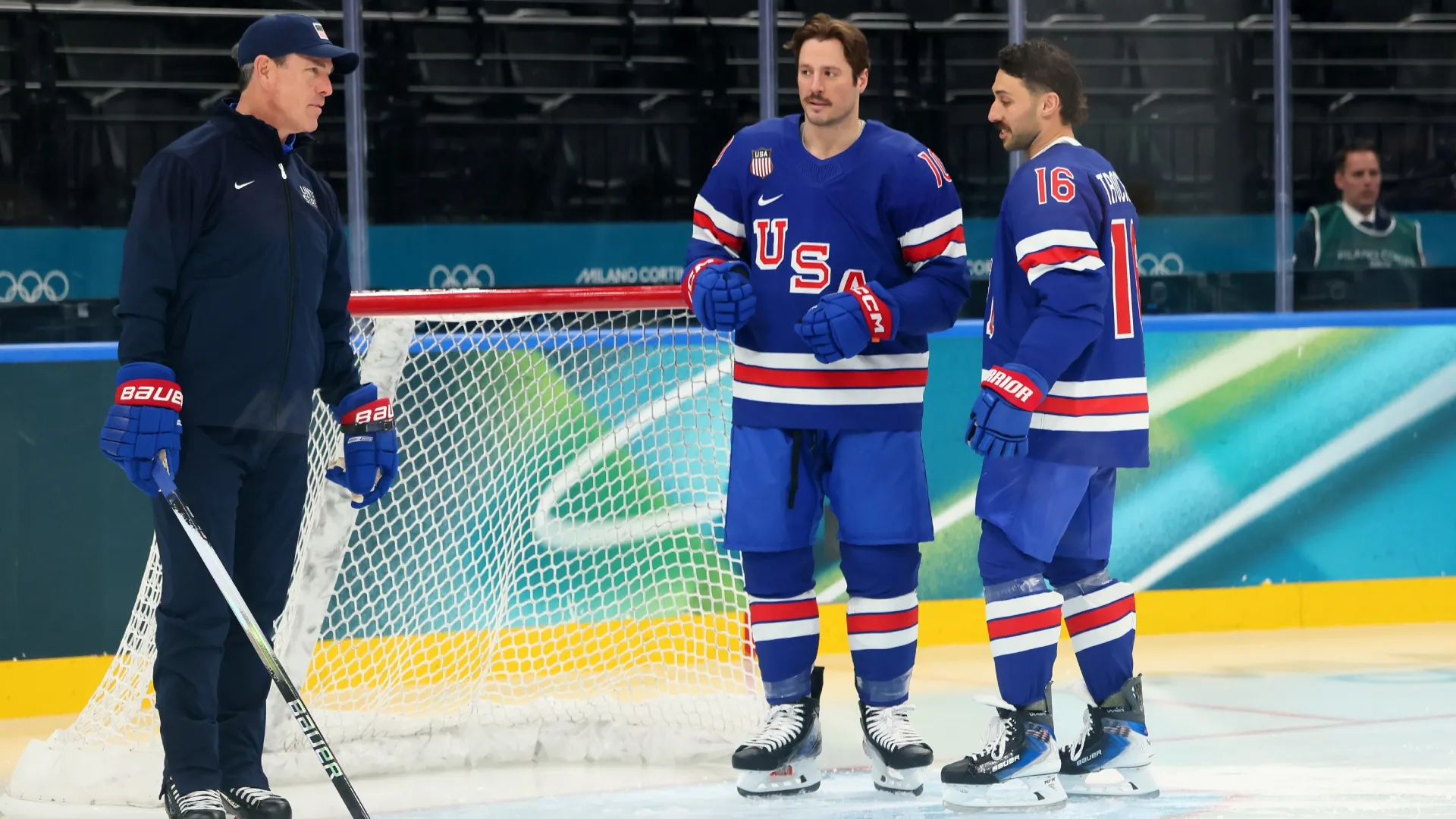 Mike Sullivan, JT Miller #10 and Vincent Trocheck #16 of Team USA talk during training. Bruce Bennett/Getty Images