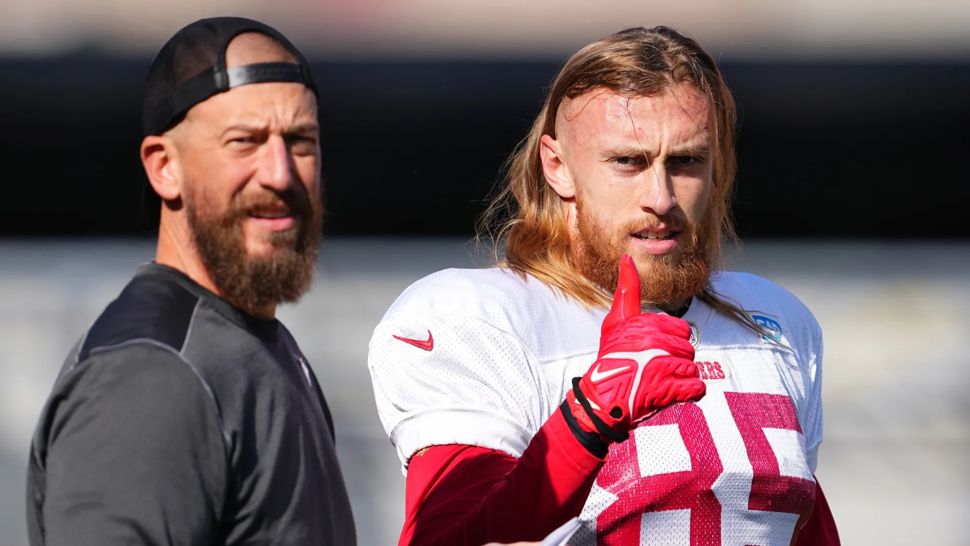 George Kittle #85 and tight ends coach Brian Fleury during San Francisco 49ers