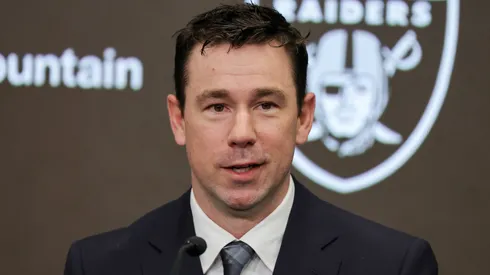 Klint Kubiak speaks as he is introduced as the head coach of the Las Vegas Raiders