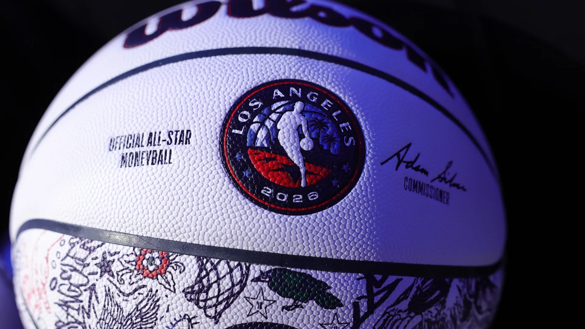 A detail view of a branded basketball before the Kia Shooting Stars during 2026 NBA All-Star Weekend – Ryan Sirius Sun/Getty Images
