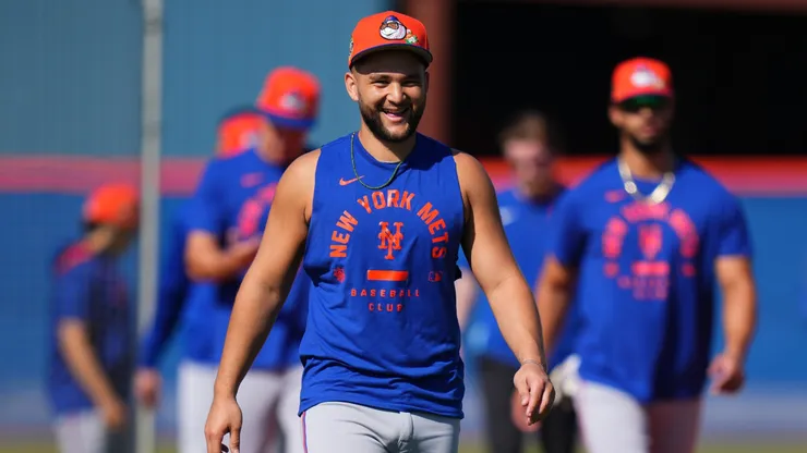 Bo Bichette #19 of the New York Mets looks on during spring training workouts in 2026.