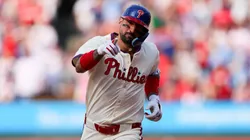 Nick Castellanos #8 of the Philadelphia Phillies gestures.