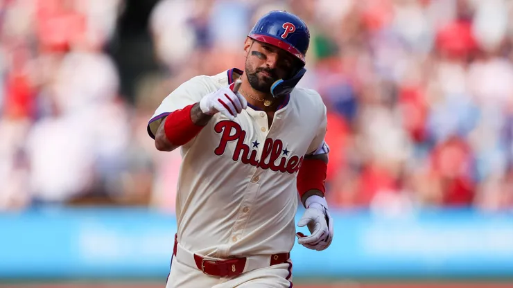 Nick Castellanos #8 of the Philadelphia Phillies gestures.