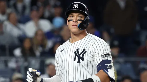 Aaron Judge #99 of the Yankees reacts after striking out.
