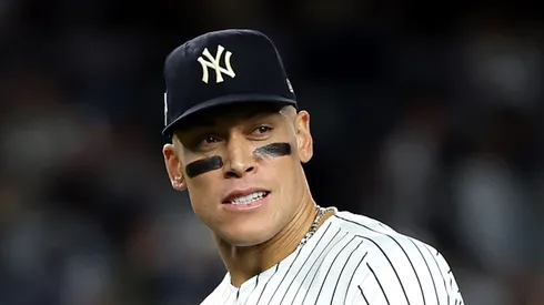 Aaron Judge reacts after a game on October 07, 2025 in the Bronx.