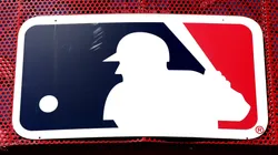 A detailed view of the MLB logo outside of Angel Stadium of Anaheim