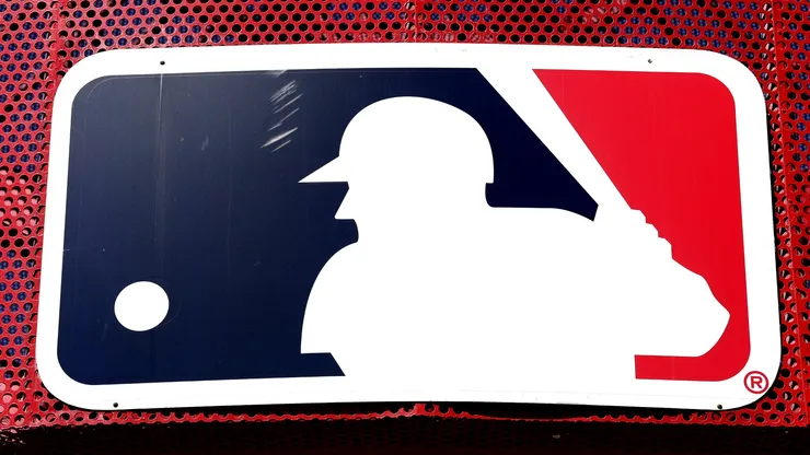 A detailed view of the MLB logo outside of Angel Stadium of Anaheim