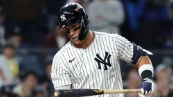 Aaron Judge #99 of the New York Yankees reacts after striking out.