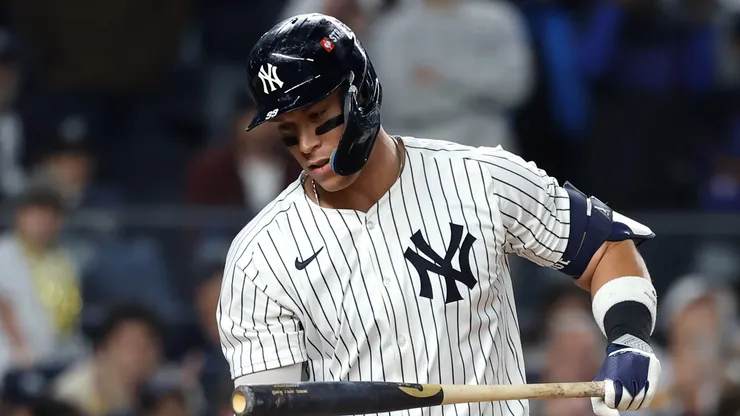 Aaron Judge #99 of the New York Yankees reacts after striking out.