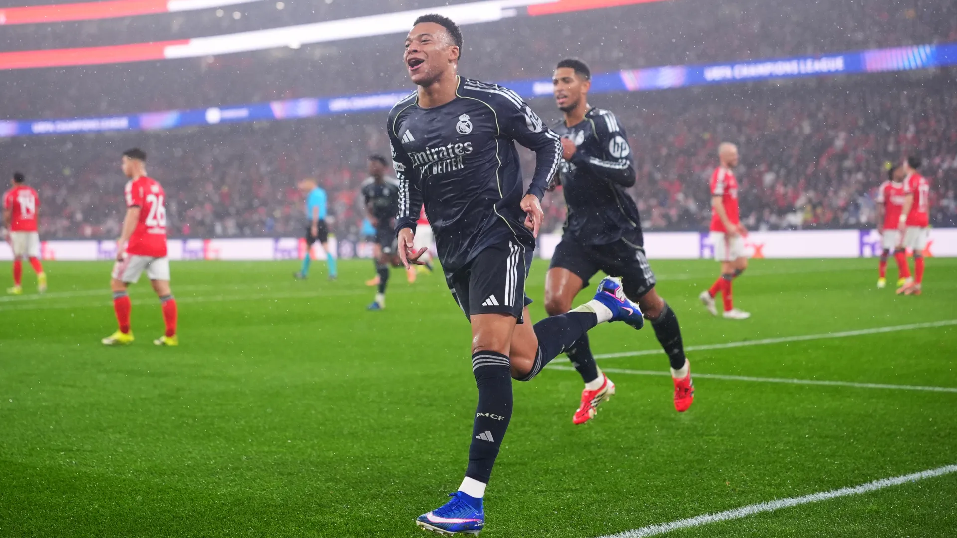 Kylian Mbappe celebrates a goal vs Benfica. (Getty Images)