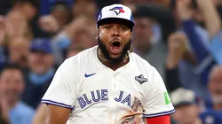 Vladimir Guerrero Jr. #27 of the Toronto Blue Jays reacts after catching a line.