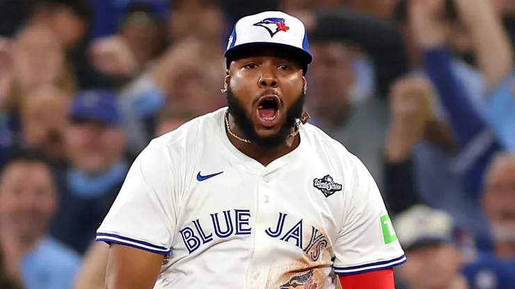 Vladimir Guerrero Jr. #27 of the Toronto Blue Jays reacts after catching a line.