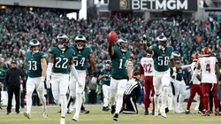 Kenneth Gainwell of the Eagles and teammates celebrate at a game in 2025.
