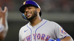 Dominic Smith #2 with the Mets reacts to hitting a pop fly on June 22, 2022 in Houston, Texas.