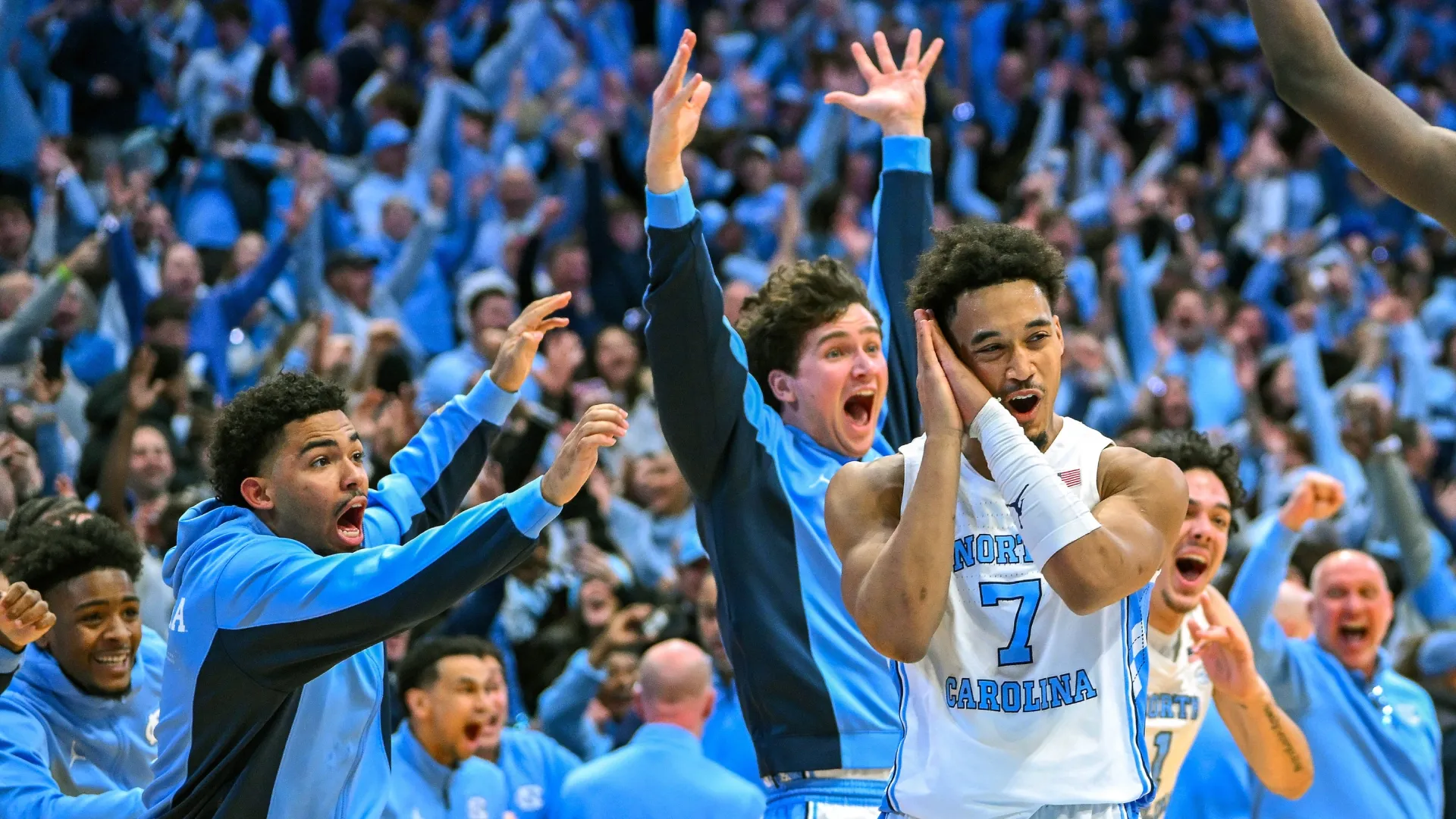 Seth Trimble and Tar Heels celebrate after win over Duke
