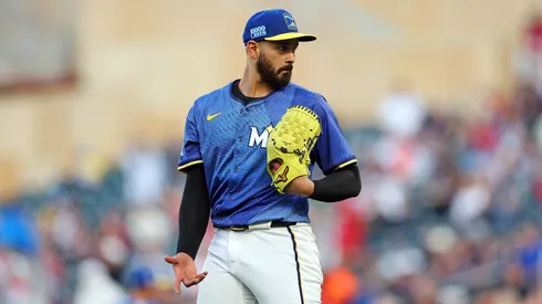 Pablo Lopez #49 of the Minnesota Twins reacts.