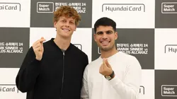 Jannik Sinner of Italy and Carlos Alcaraz of Spain attend the press conference.