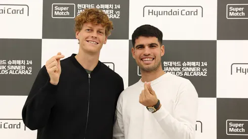 Jannik Sinner of Italy and Carlos Alcaraz of Spain attend the press conference.
