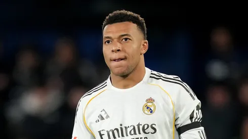 Kylian Mbappe looks on during a Real Madrid game.