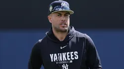 Giancarlo Stanton #27 of the New York Yankees warms up.