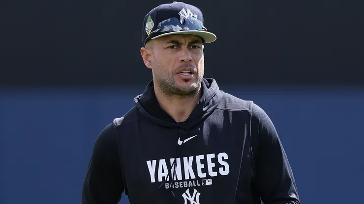 Giancarlo Stanton #27 of the New York Yankees warms up.