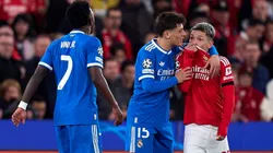 Gianluca Prestianni of Benfica speaks towards Vinicius Junior of Real Madrid.