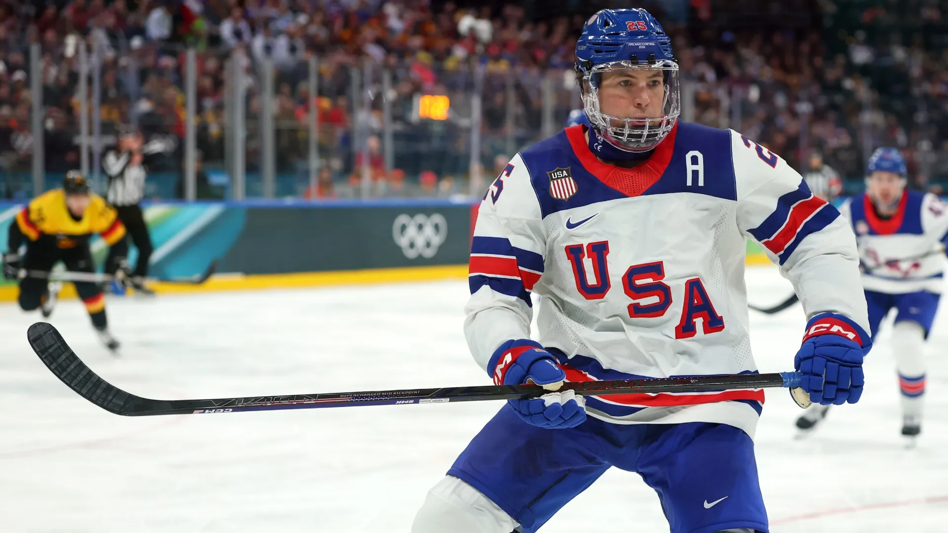 Charlie McAvoy of Team USA during the 2026 Winter Olympic games (Source: Gregory Shamus/Getty Images)