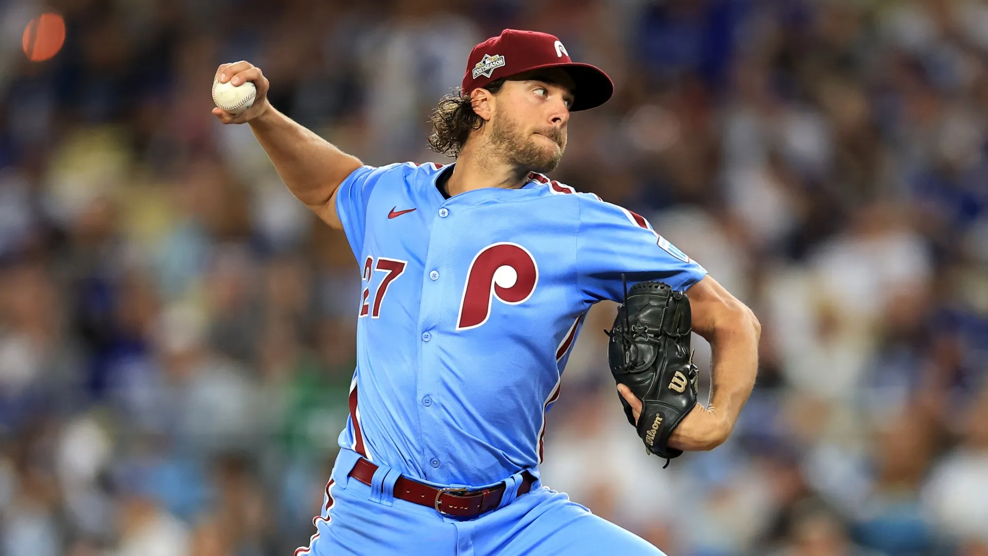 Aaron Nola #27 of the Phillies pitches against the Dodgers. Luke Hales/Getty Images