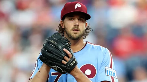 Aaron Nola #27 of the Philadelphia Phillies pitches during a game.