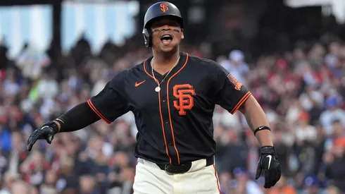 Rafael Devers #16 of the San Francisco Giants reacts.