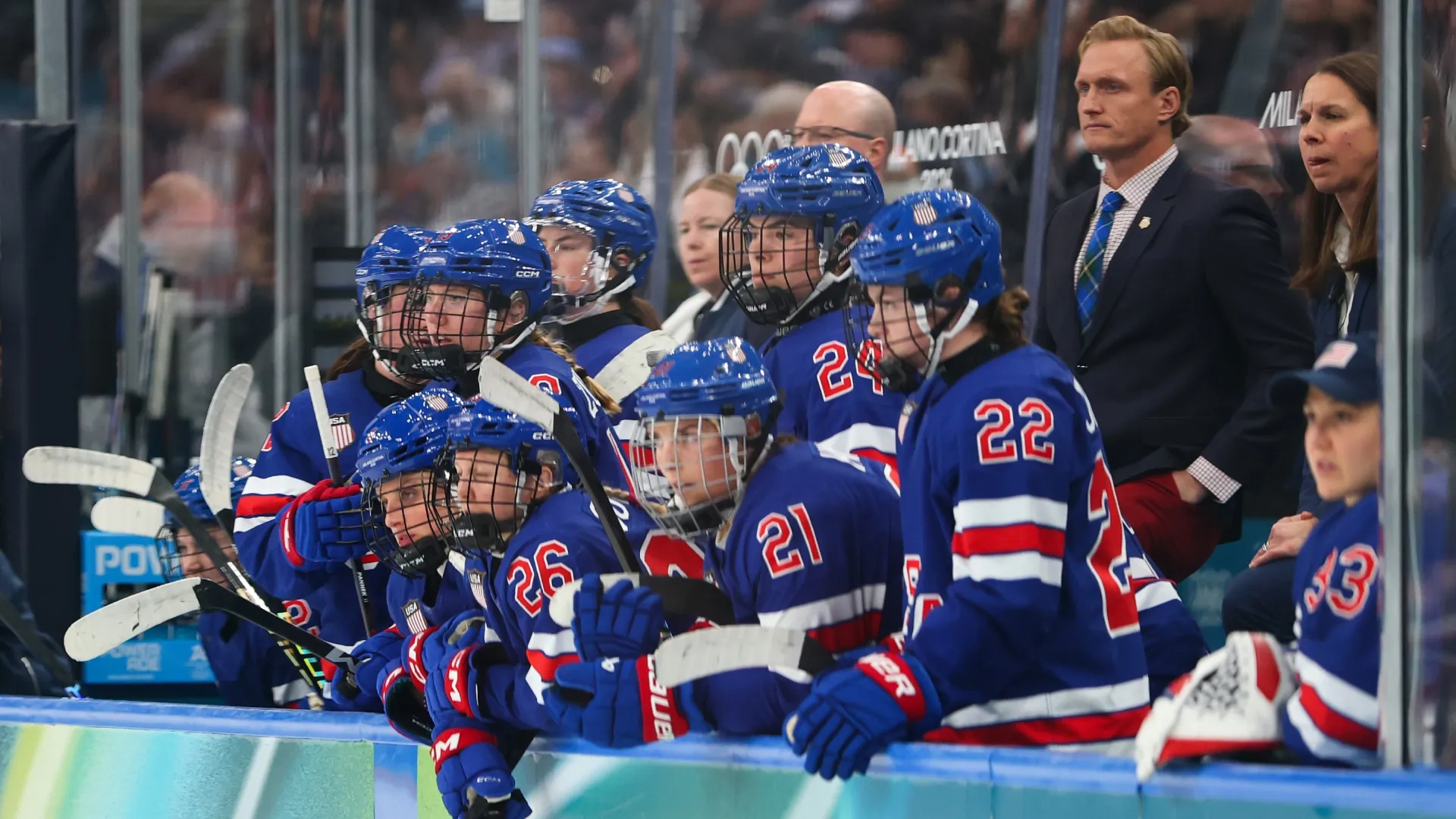 Players of Team USA during the 2026 Winter Olympic games (Source: Gregory Shamus/Getty Images)