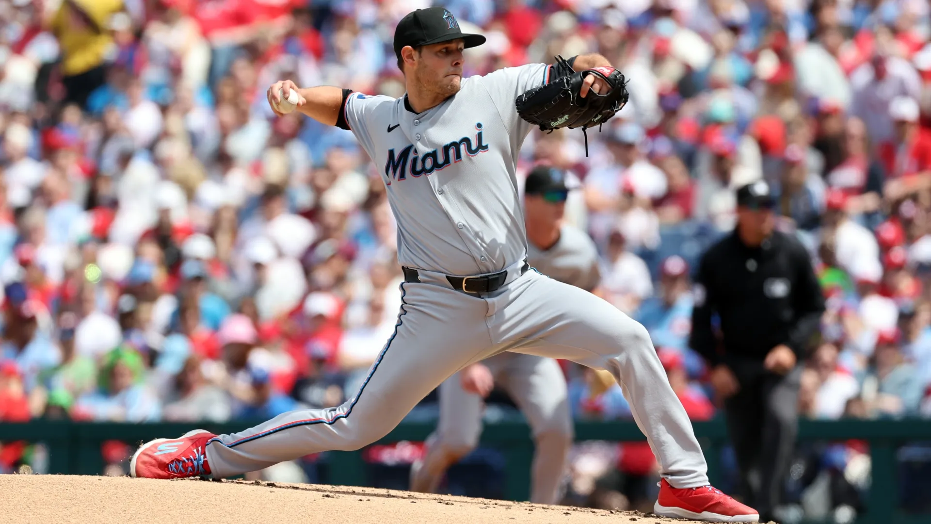 Connor Gillispie #55 with the Marlins throws a pitch in the first inning. Hunter Martin/Getty Images