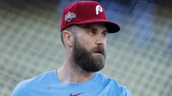 Bryce Harper #3 of the Philadelphia Phillies looks on.