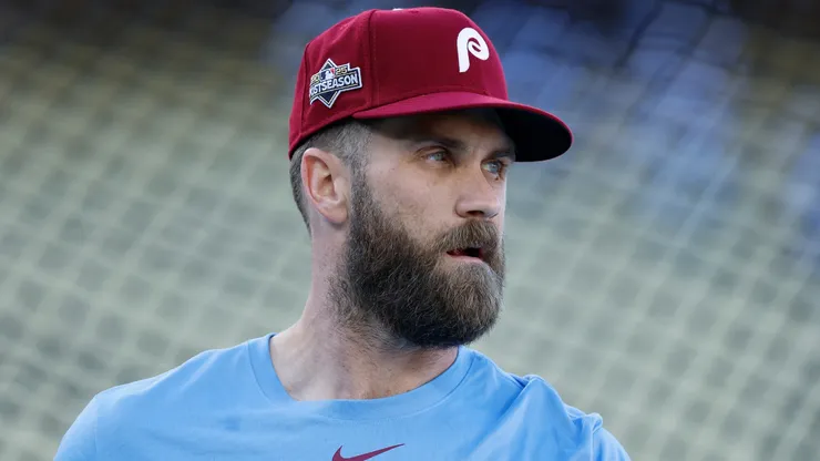 Bryce Harper #3 of the Philadelphia Phillies looks on.