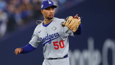 Mookie Betts #50 of the Los Angeles Dodgers reacts.