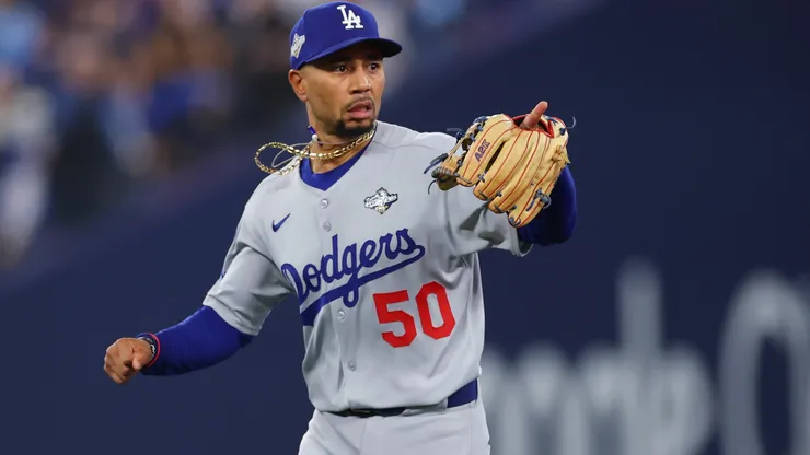 Mookie Betts #50 of the Los Angeles Dodgers reacts.