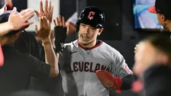 Steven Kwan #38 of the Cleveland Guardians celebrates.