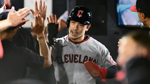 Steven Kwan #38 of the Cleveland Guardians celebrates.