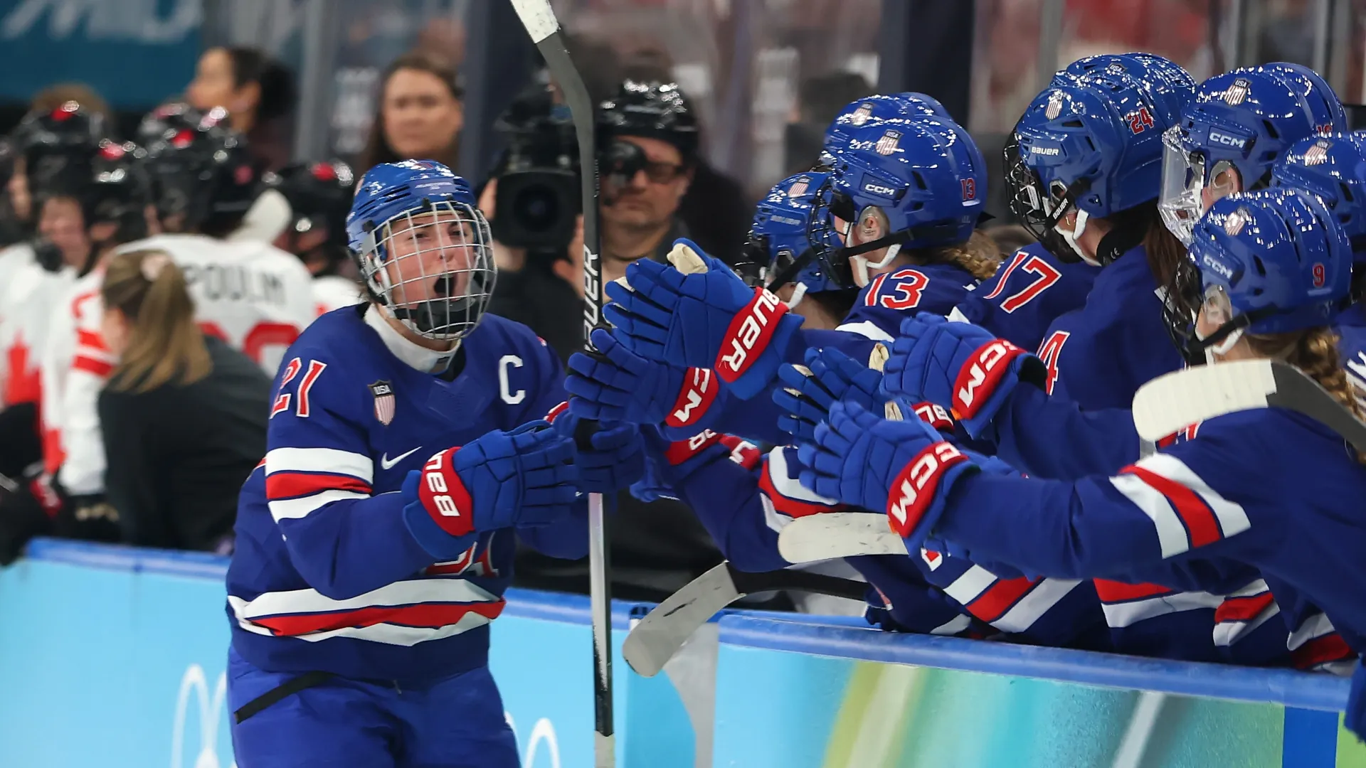 Hilary Knight celebrates after her game-tying goal