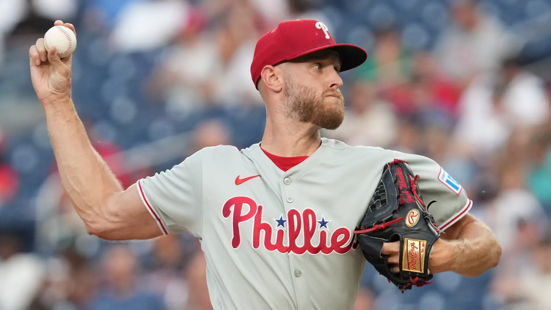 Zack Wheeler #45 of the Phillies pitches in the second inning during a baseball game. Mitchell Layton/Getty Images