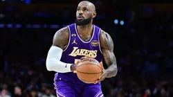 LeBron James #23 of the Los Angeles Lakers maintains possession.