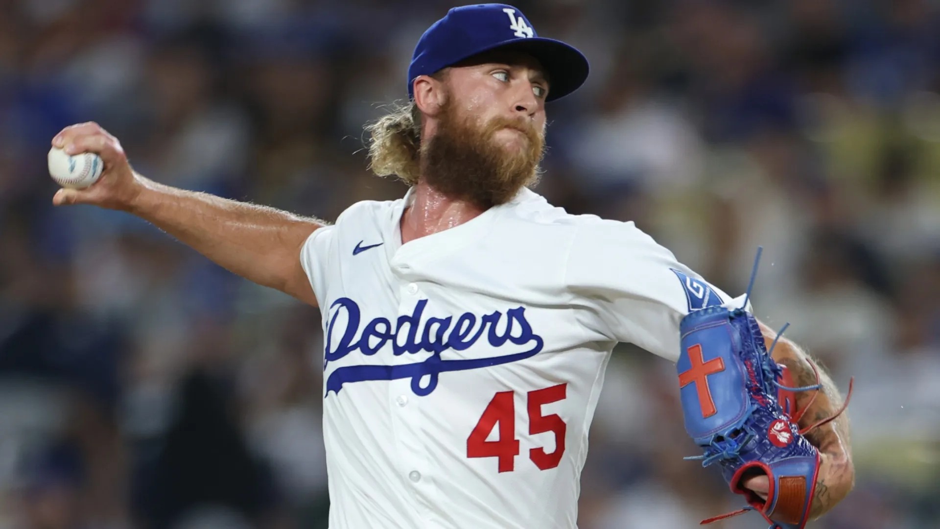Michael Kopech #45 of the LDodgers pitches in relief. Harry How/Getty Images