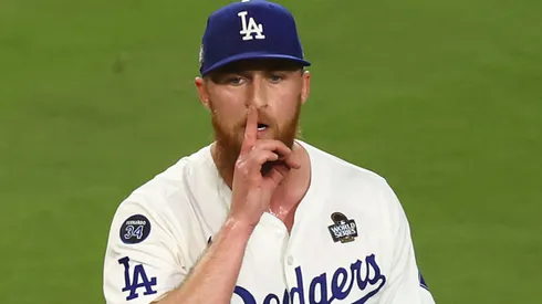 Michael Kopech #45 of the Dodgers reacts looking toward the Yankees dugout.