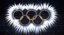 A general view as the Olympic rings come together for a fireworks display in 2026.