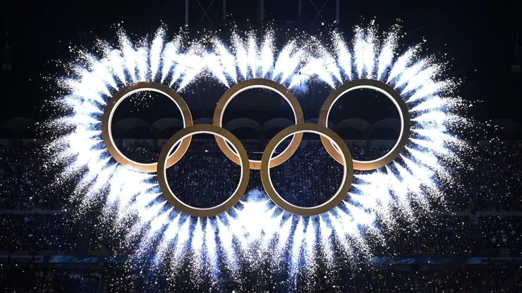 A general view as the Olympic rings come together for a fireworks display in 2026.